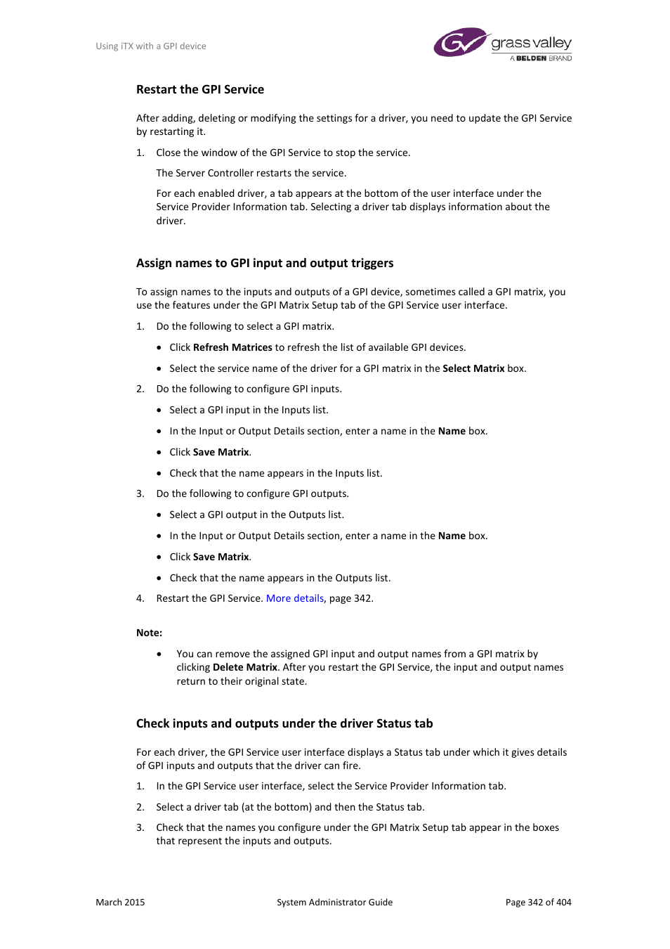 Restart the gpi service, Assign names to gpi input and output triggers | Grass Valley iTX System v.2.6 User Manual | Page 342 / 404