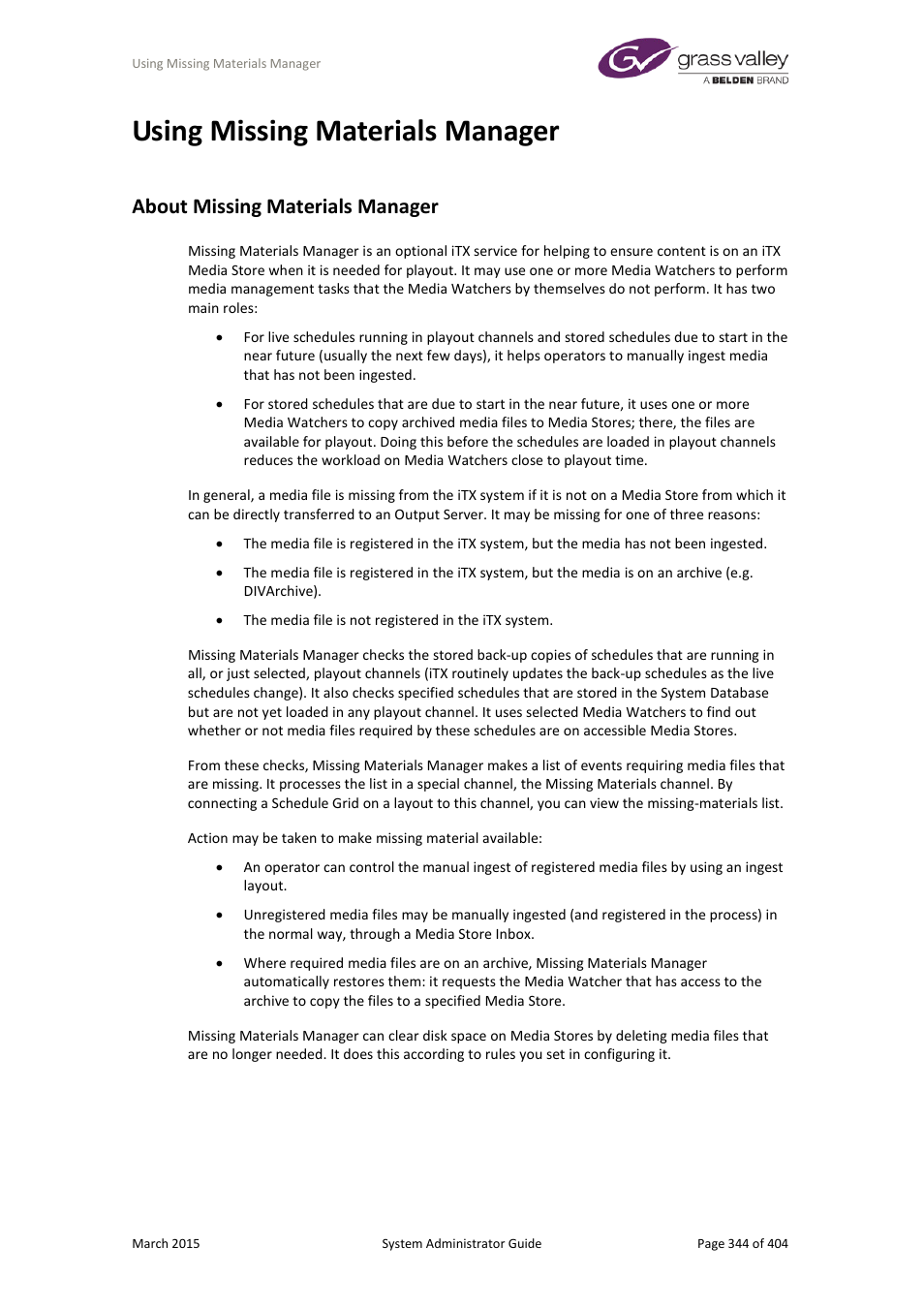 Using missing materials manager, About missing materials manager | Grass Valley iTX System v.2.6 User Manual | Page 344 / 404