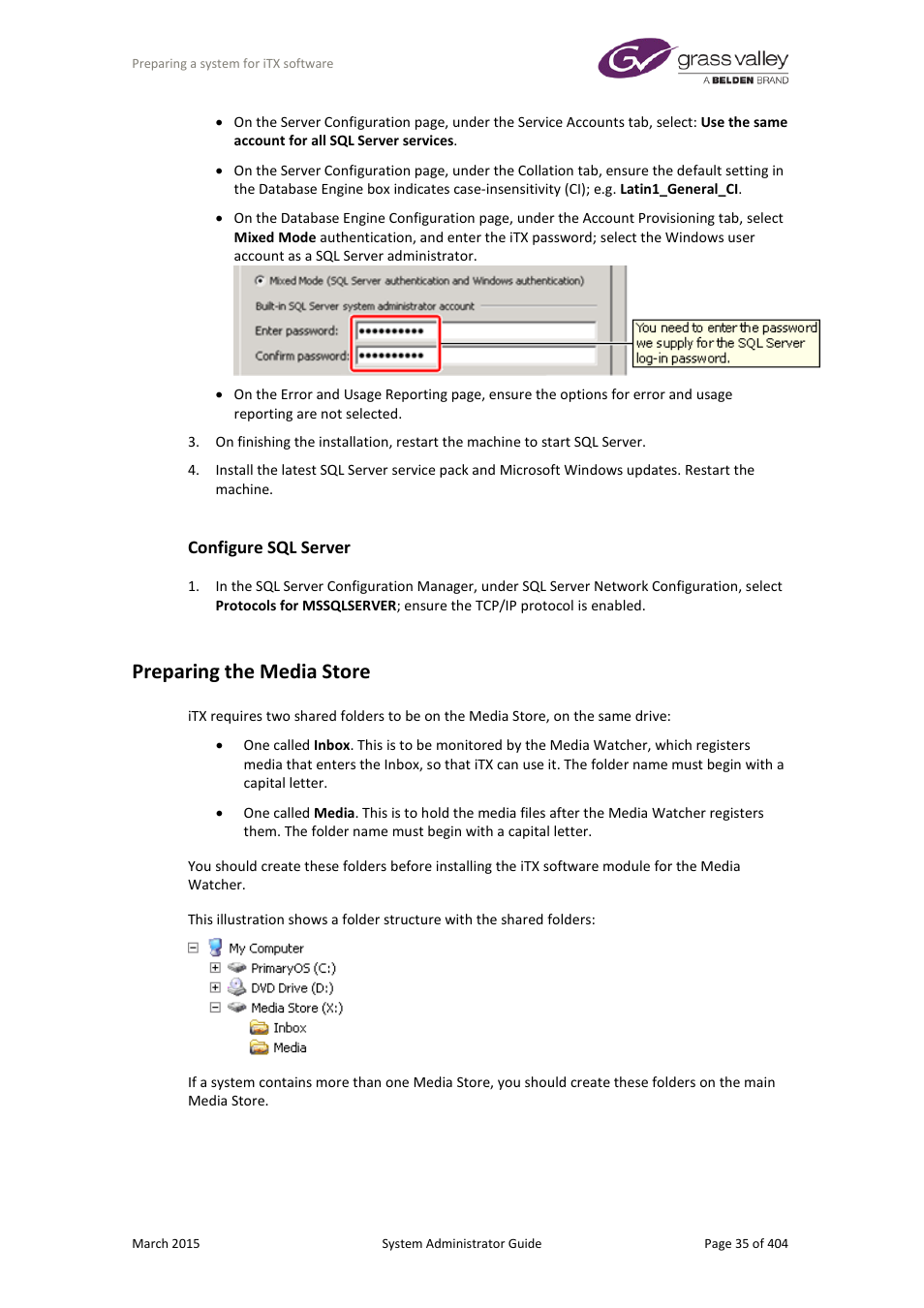 Configure sql server, Preparing the media store | Grass Valley iTX System v.2.6 User Manual | Page 35 / 404