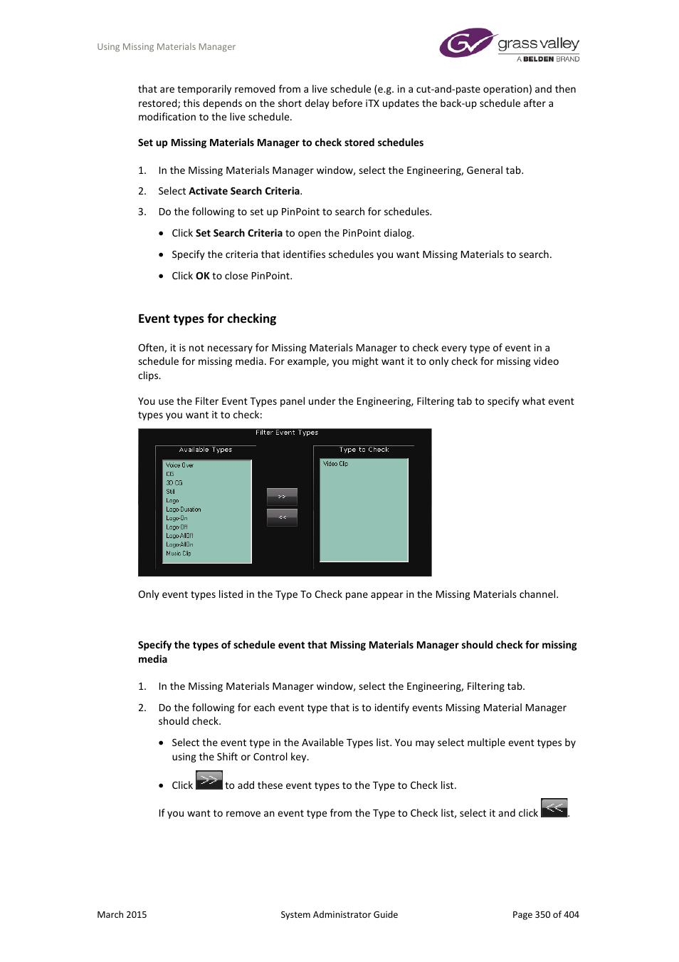 Event types for checking | Grass Valley iTX System v.2.6 User Manual | Page 350 / 404
