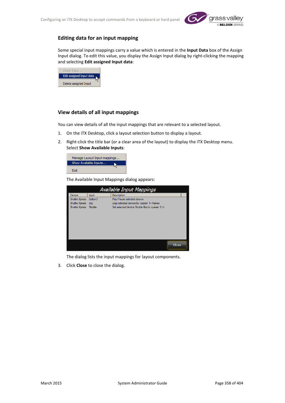Editing data for an input mapping, View details of all input mappings | Grass Valley iTX System v.2.6 User Manual | Page 358 / 404
