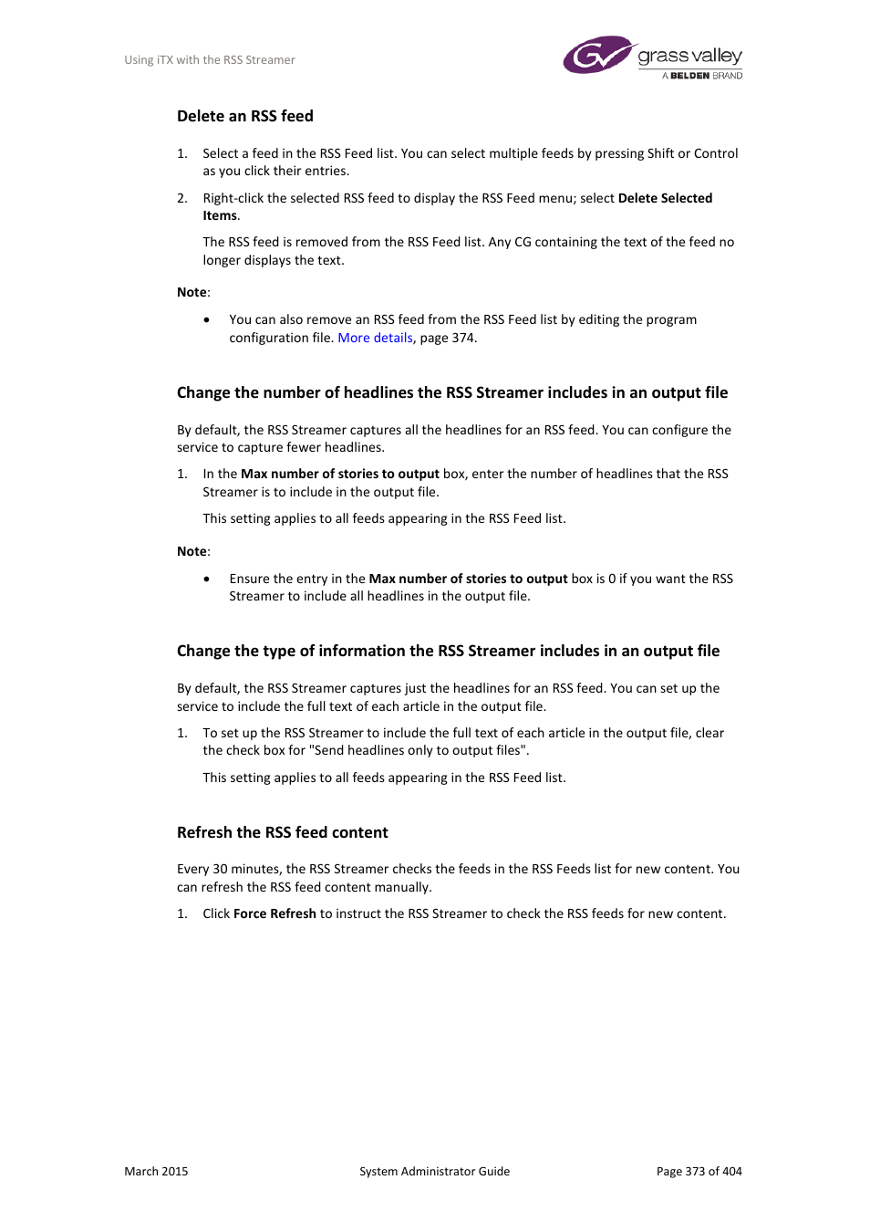 Delete an rss feed, Refresh the rss feed content | Grass Valley iTX System v.2.6 User Manual | Page 373 / 404