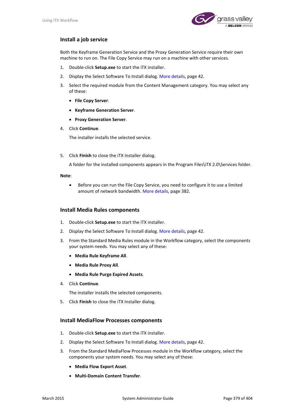 Install a job service, Install media rules components, Install mediaflow processes components | Grass Valley iTX System v.2.6 User Manual | Page 379 / 404