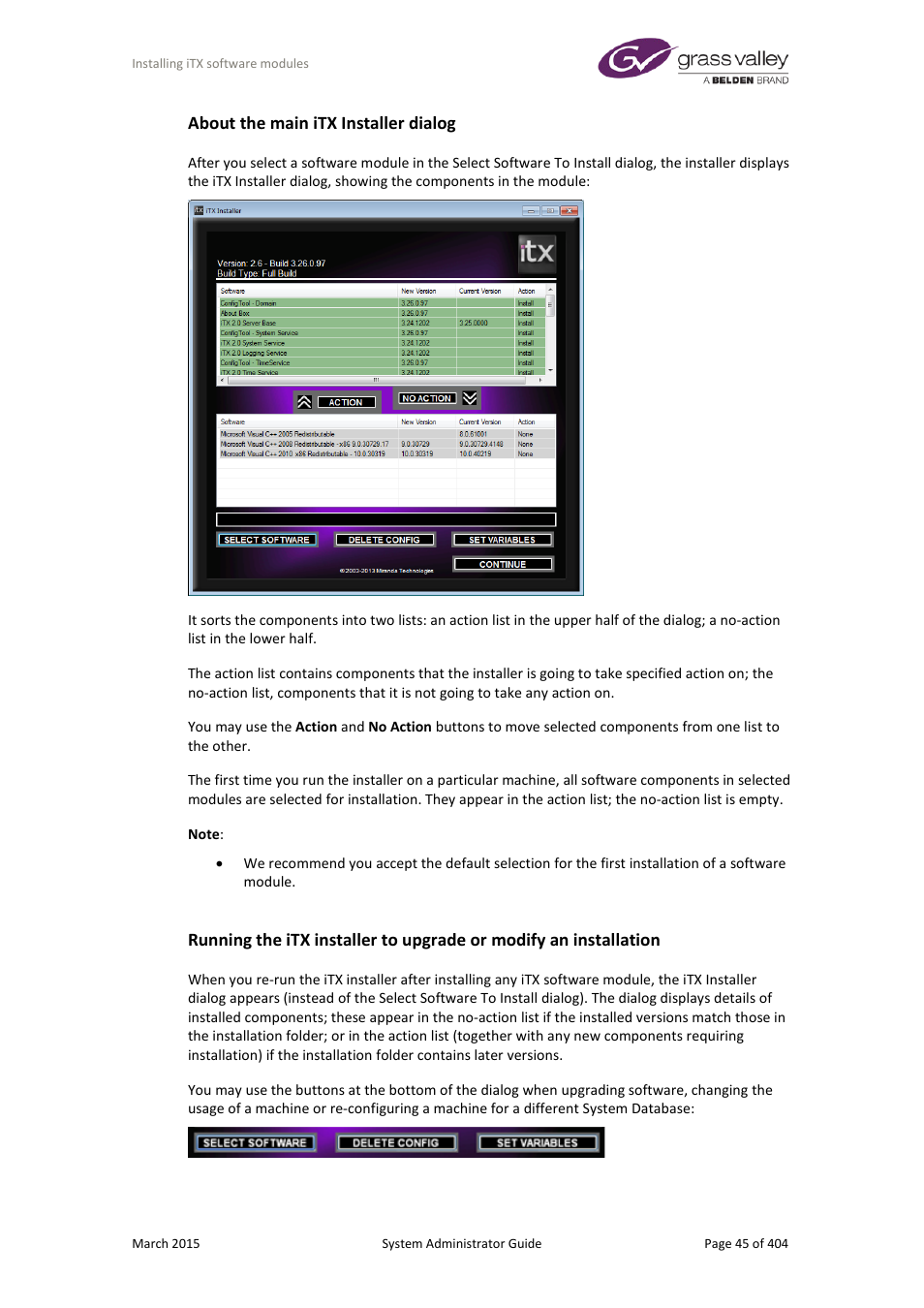 About the main itx installer dialog | Grass Valley iTX System v.2.6 User Manual | Page 45 / 404