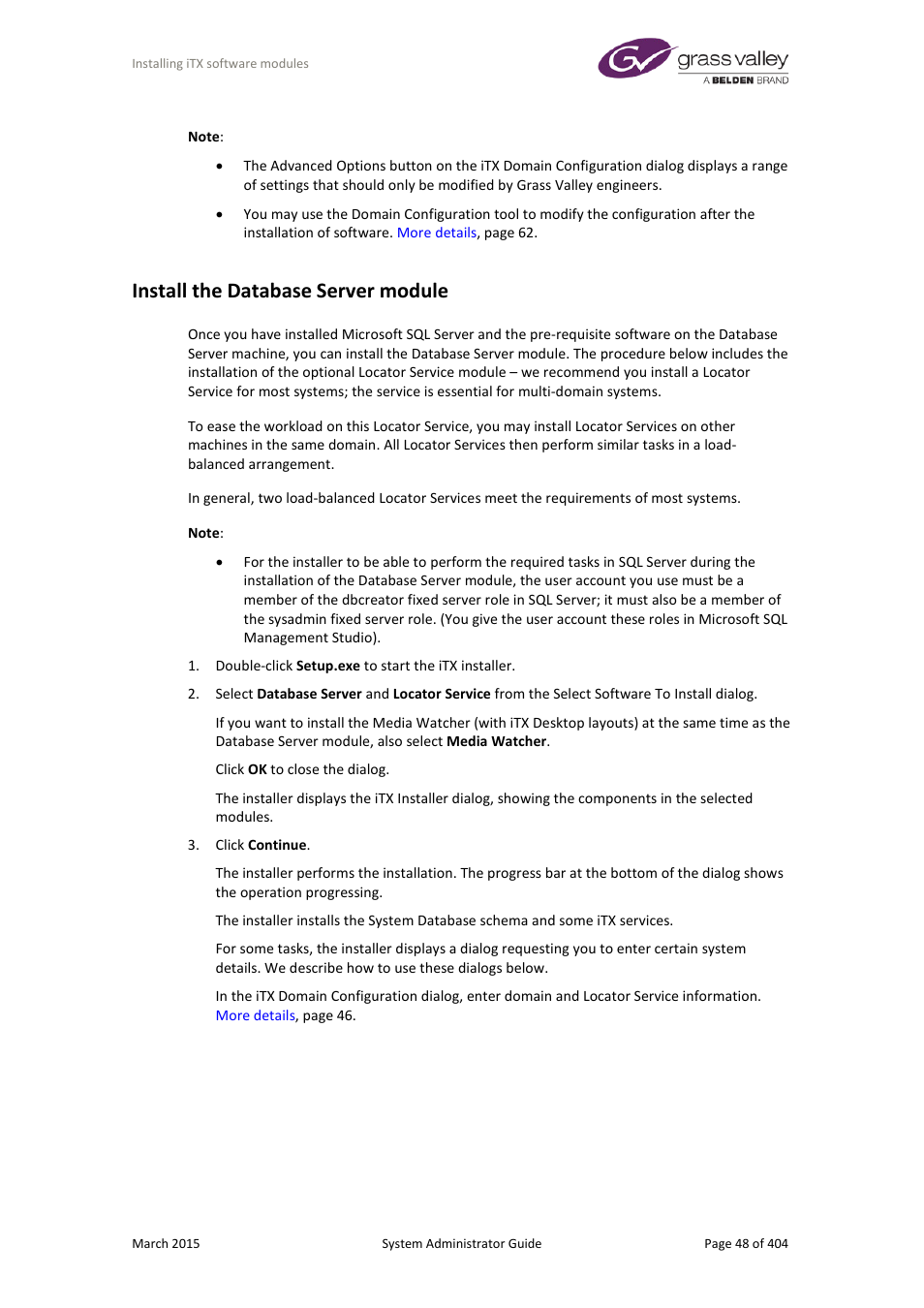 Install the database server module | Grass Valley iTX System v.2.6 User Manual | Page 48 / 404