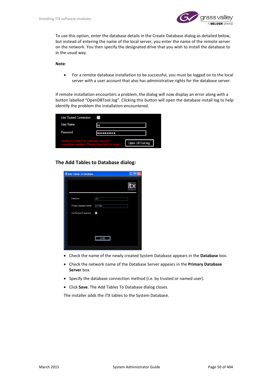 The add tables to database dialog | Grass Valley iTX System v.2.6 User Manual | Page 50 / 404