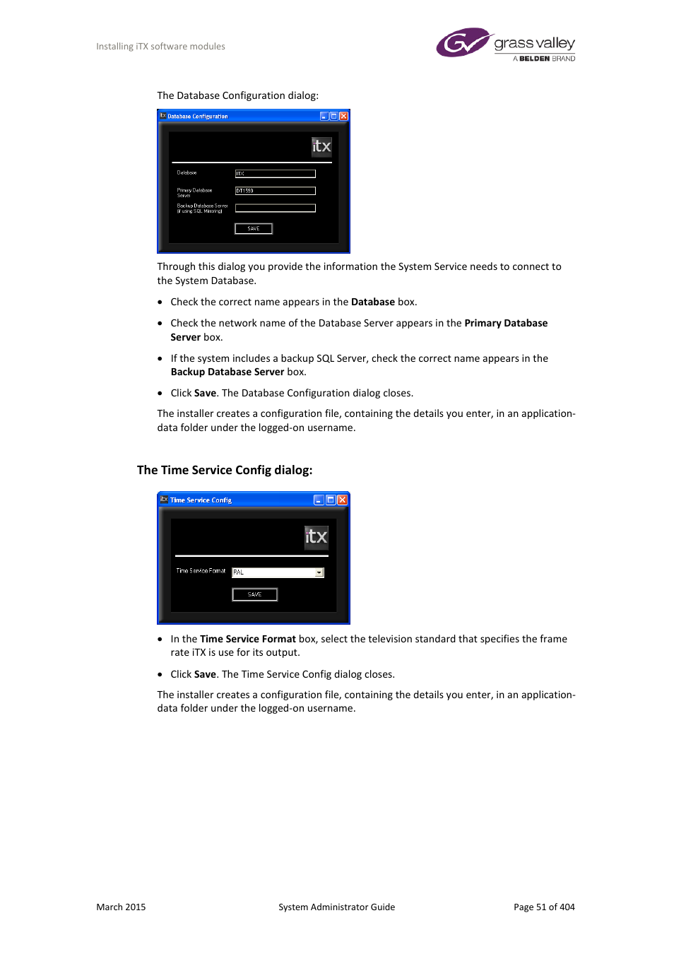 The time service config dialog | Grass Valley iTX System v.2.6 User Manual | Page 51 / 404