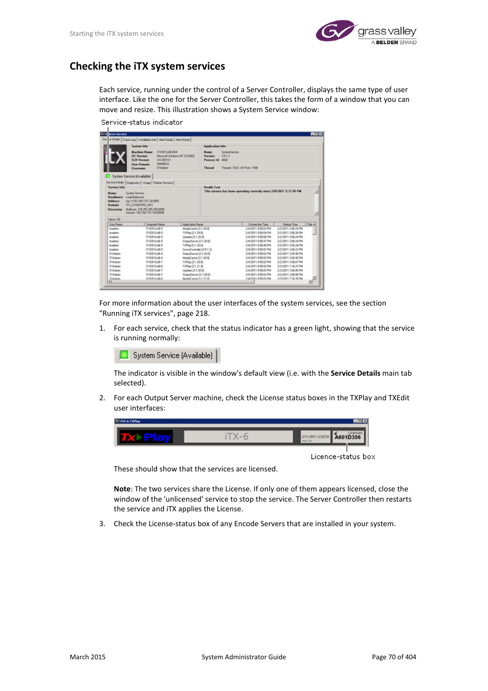 Checking the itx system services | Grass Valley iTX System v.2.6 User Manual | Page 70 / 404
