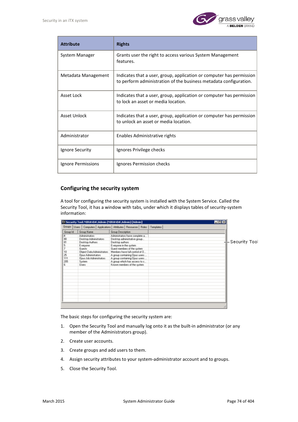 Configuring the security system | Grass Valley iTX System v.2.6 User Manual | Page 74 / 404