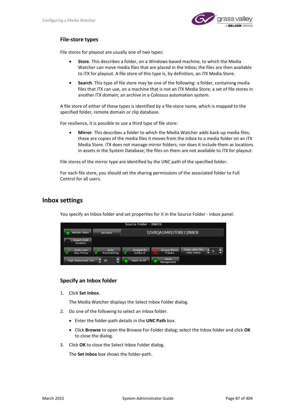 File-store types, Inbox settings, Specify an inbox folder | Grass Valley iTX System v.2.6 User Manual | Page 87 / 404