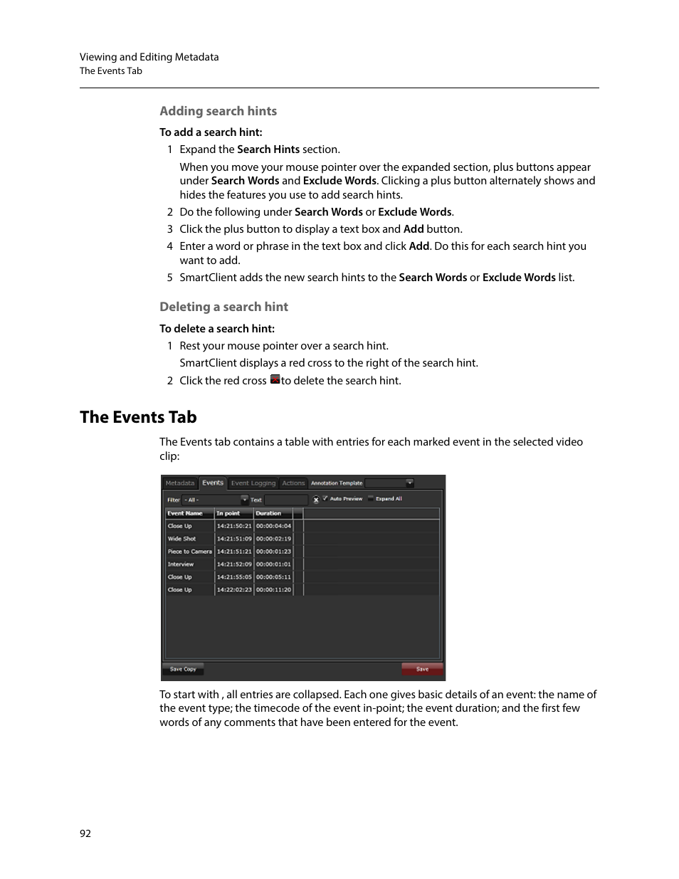 Adding search hints, Deleting a search hint, The events tab | Adding search hints deleting a search hint | Grass Valley iTX SmartClient v.2.6 User Manual | Page 100 / 117