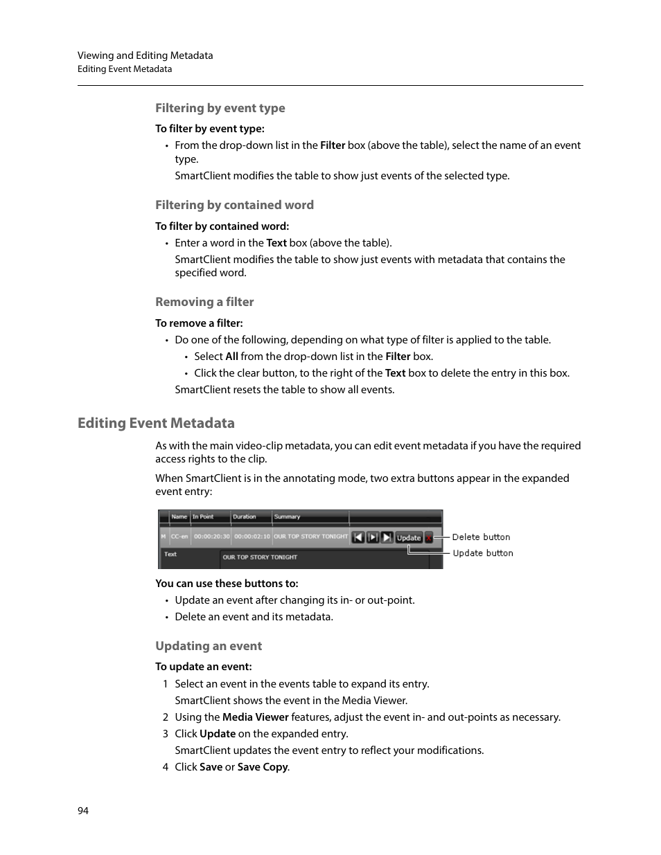 Filtering by event type, Filtering by contained word, Removing a filter | Editing event metadata, Updating an event | Grass Valley iTX SmartClient v.2.6 User Manual | Page 102 / 117