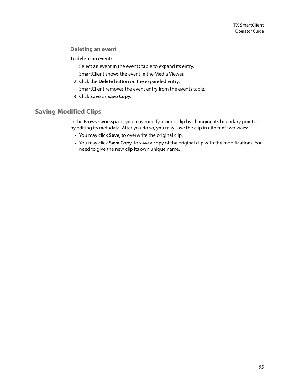 Deleting an event, Saving modified clips | Grass Valley iTX SmartClient v.2.6 User Manual | Page 103 / 117