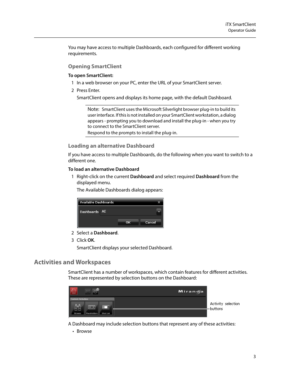 Opening smartclient, Loading an alternative dashboard, Activities and workspaces | Grass Valley iTX SmartClient v.2.6 User Manual | Page 11 / 117