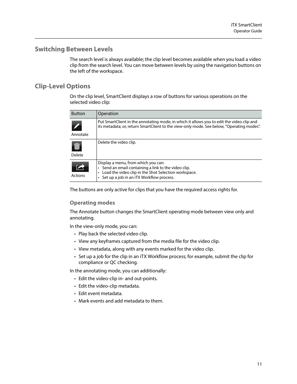 Switching between levels, Clip-level options, Operating modes | Switching between levels clip-level options | Grass Valley iTX SmartClient v.2.6 User Manual | Page 19 / 117