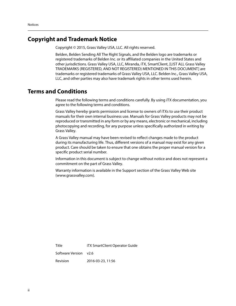 Copyright and trademark notice, Terms and conditions | Grass Valley iTX SmartClient v.2.6 User Manual | Page 2 / 117