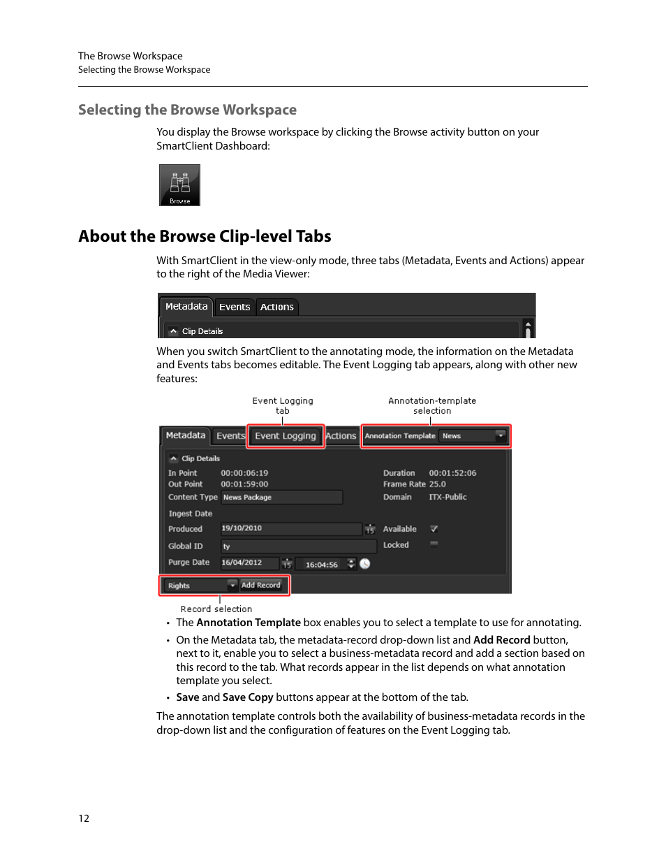 Selecting the browse workspace, About the browse clip-level tabs | Grass Valley iTX SmartClient v.2.6 User Manual | Page 20 / 117