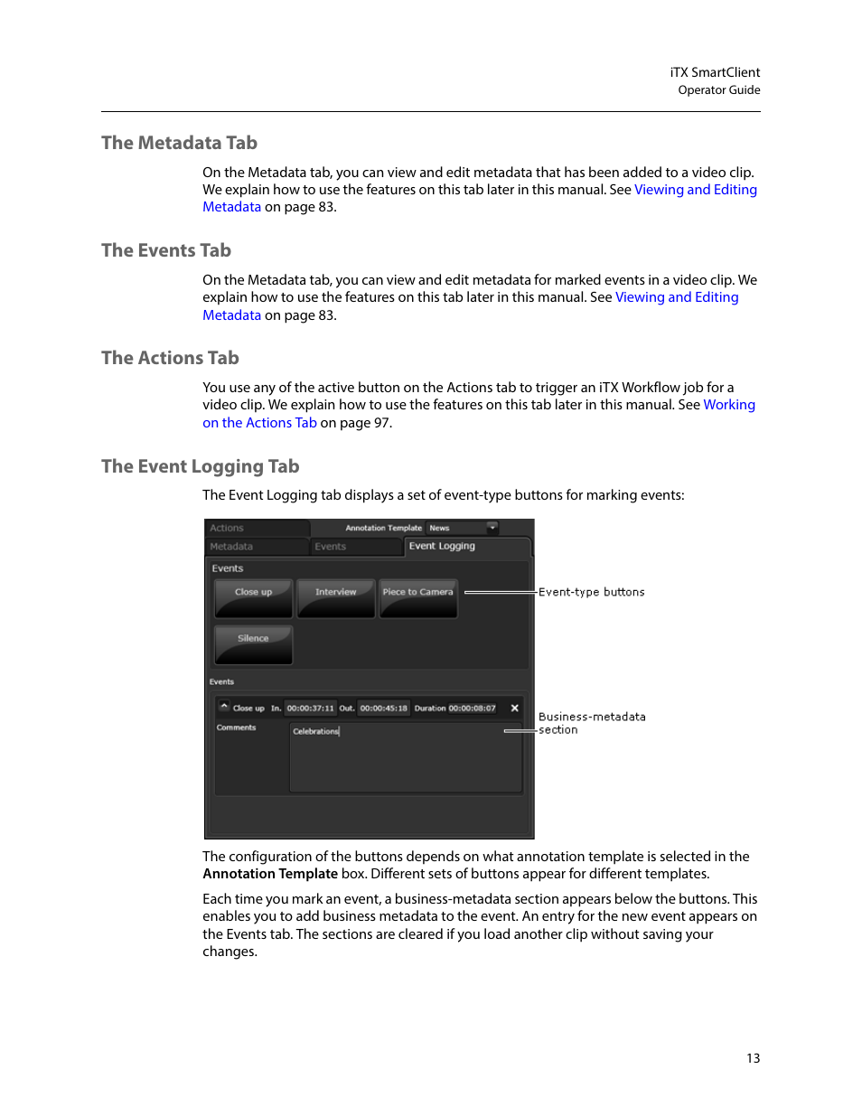 The metadata tab, The events tab, The actions tab | The event logging tab | Grass Valley iTX SmartClient v.2.6 User Manual | Page 21 / 117