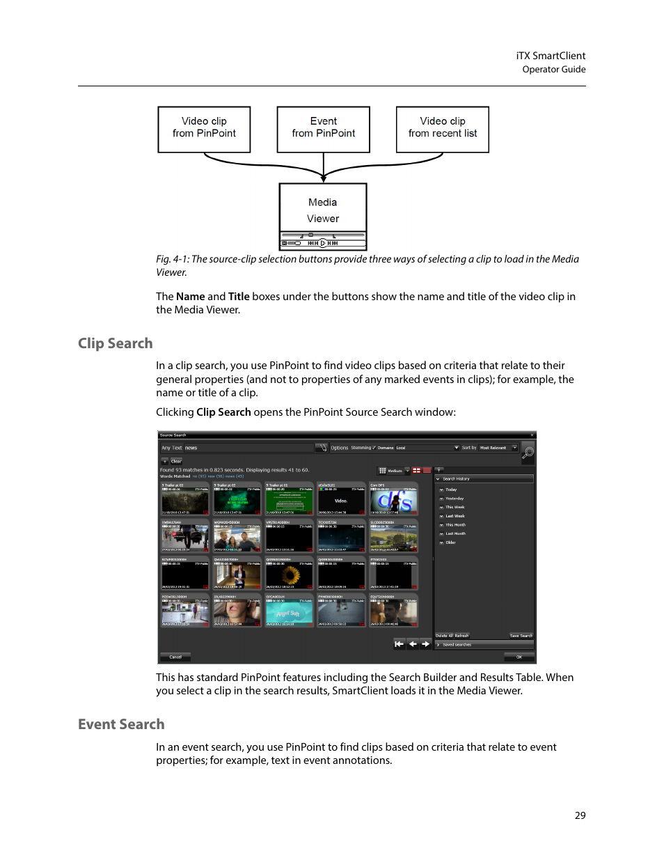 Clip search, Event search, Clip search event search | Grass Valley iTX SmartClient v.2.6 User Manual | Page 37 / 117