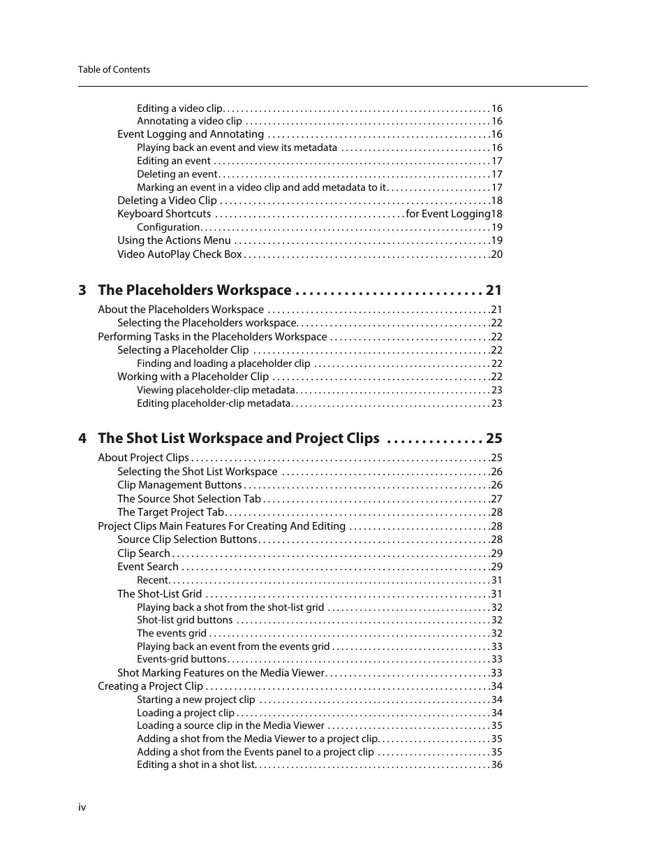 3 the placeholders workspace, 4 the shot list workspace and project clips | Grass Valley iTX SmartClient v.2.6 User Manual | Page 4 / 117