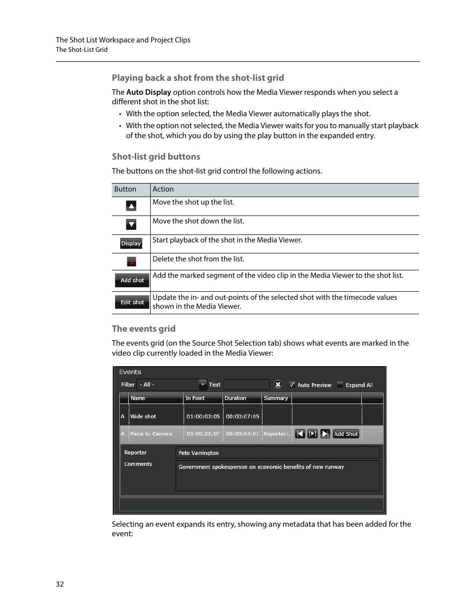 Playing back a shot from the shot-list grid, Shot-list grid buttons, The events grid | Grass Valley iTX SmartClient v.2.6 User Manual | Page 40 / 117