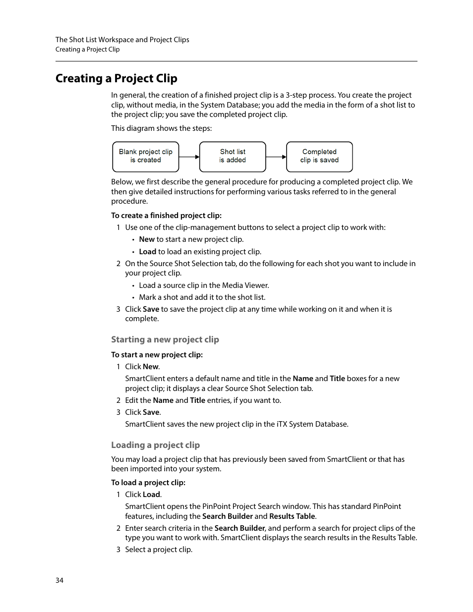 Creating a project clip, Starting a new project clip, Loading a project clip | Starting a new project clip loading a project clip | Grass Valley iTX SmartClient v.2.6 User Manual | Page 42 / 117
