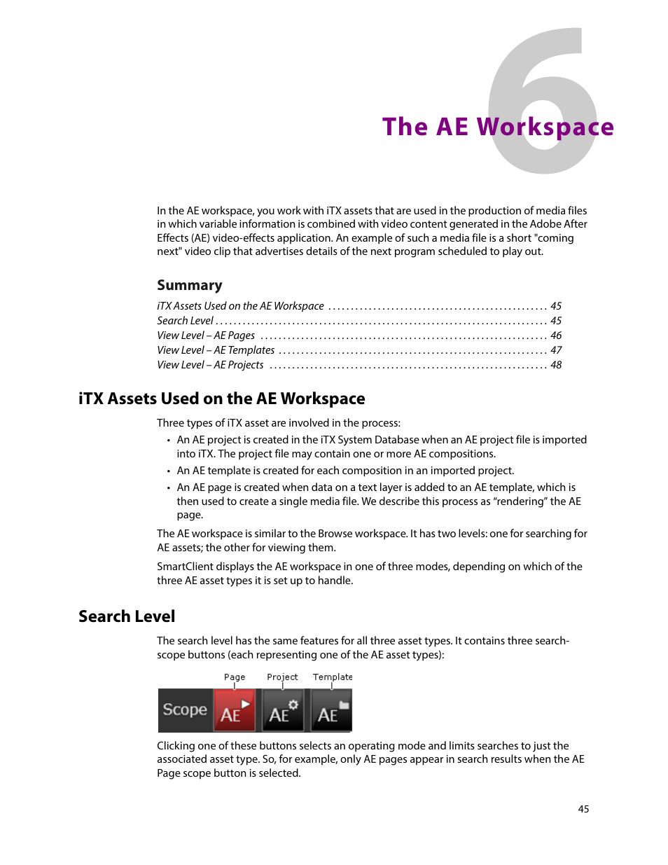 The ae workspace, Itx assets used on the ae workspace, Search level | 6 the ae workspace, Itx assets used on the ae workspace search level | Grass Valley iTX SmartClient v.2.6 User Manual | Page 53 / 117