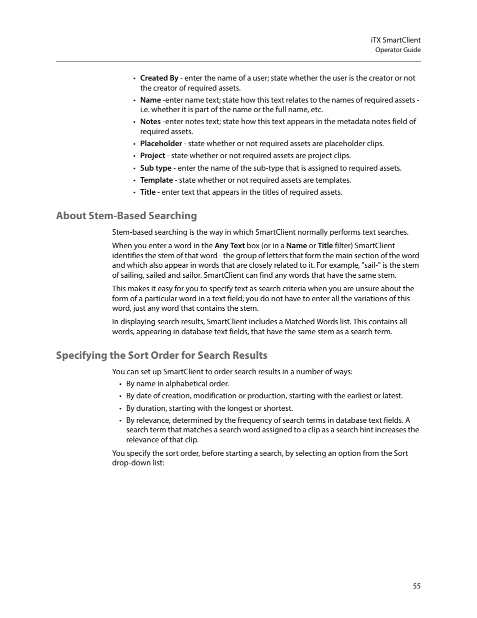 About stem-based searching, Specifying the sort order for search results | Grass Valley iTX SmartClient v.2.6 User Manual | Page 63 / 117