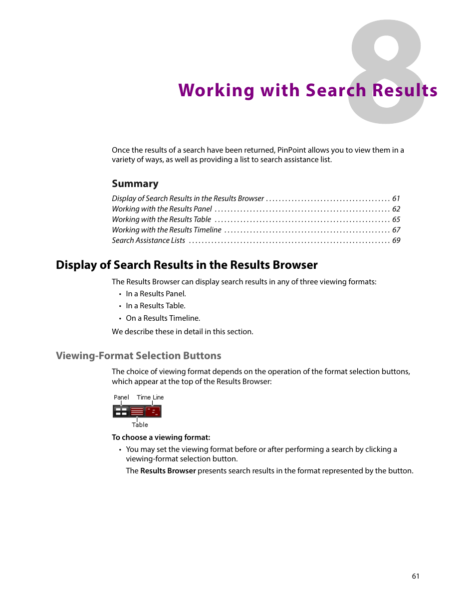 Working with search results, Display of search results in the results browser, Viewing-format selection buttons | 8 working with search results, Working with search, Results, Display of search results in the results, Browser, Display of search results in the, Results browser | Grass Valley iTX SmartClient v.2.6 User Manual | Page 69 / 117