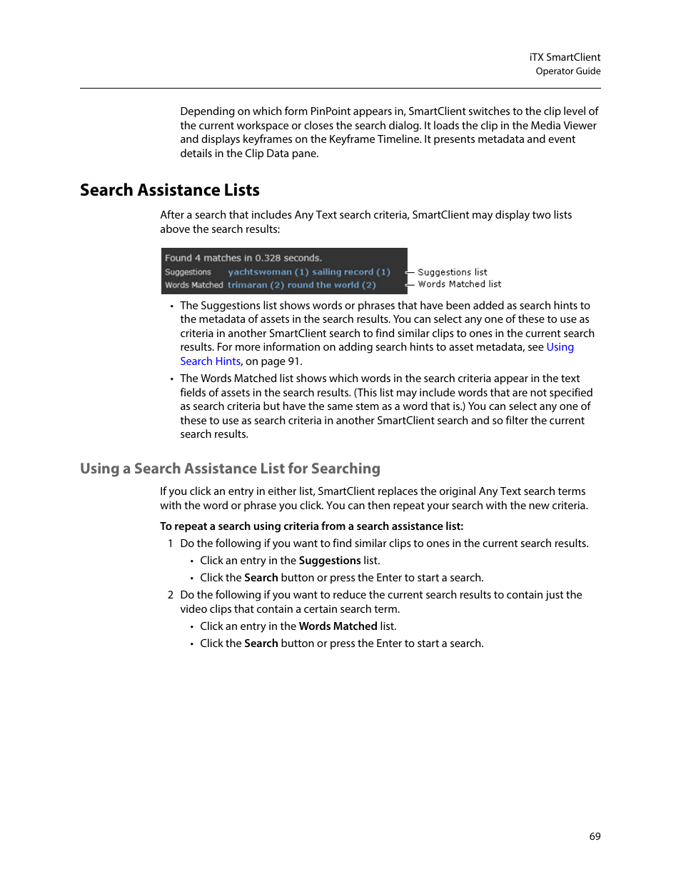 Search assistance lists, Using a search assistance list for searching | Grass Valley iTX SmartClient v.2.6 User Manual | Page 77 / 117