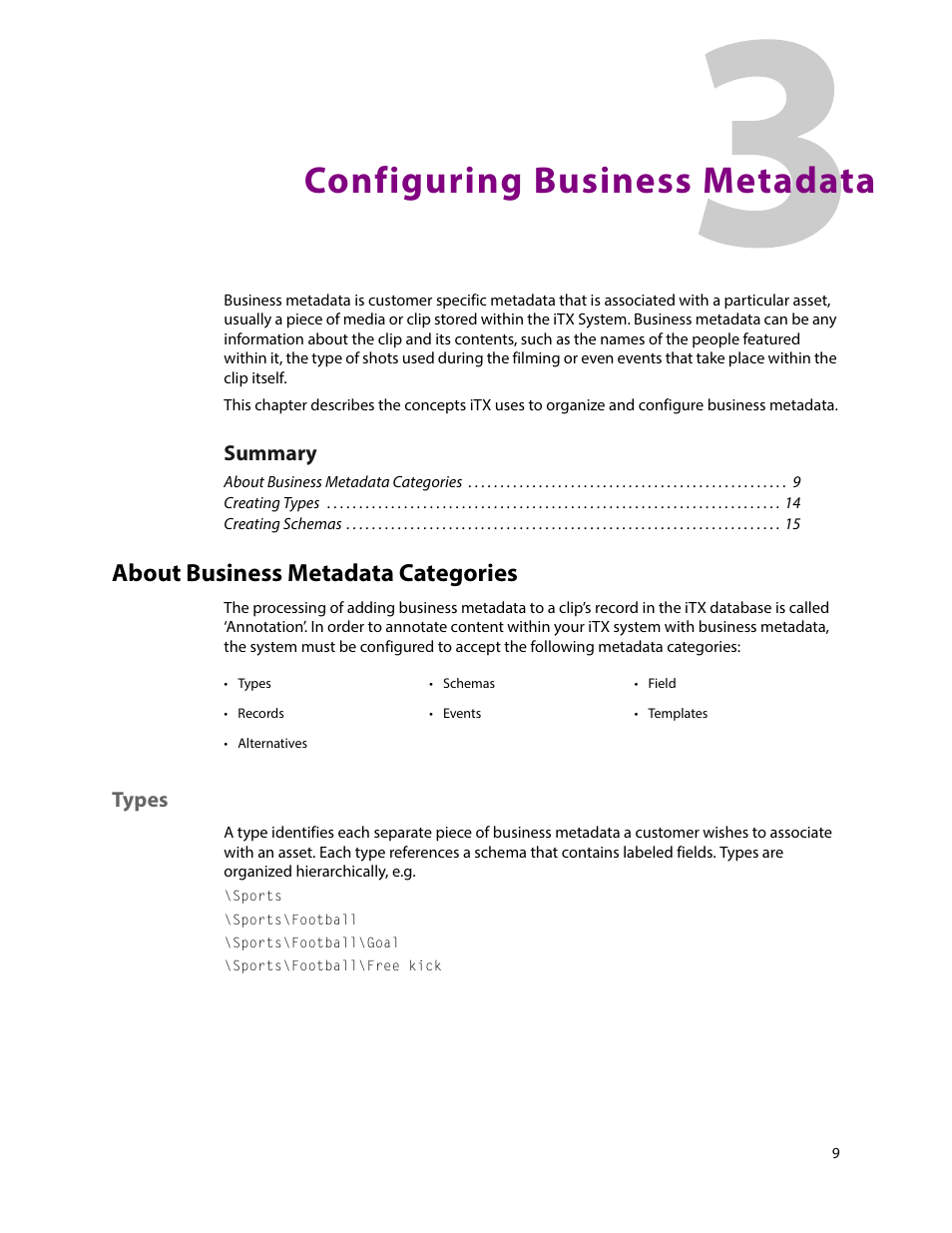 Configuring business metadata, About business metadata categories, Types | 3 configuring business metadata, Summary | Grass Valley iTX SmartClient v.2.6 System Administrator Guide User Manual | Page 13 / 45