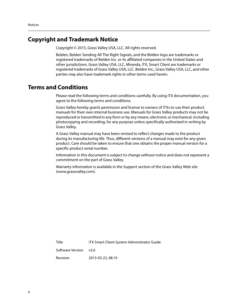 Copyright and trademark notice, Terms and conditions | Grass Valley iTX SmartClient v.2.6 System Administrator Guide User Manual | Page 2 / 45