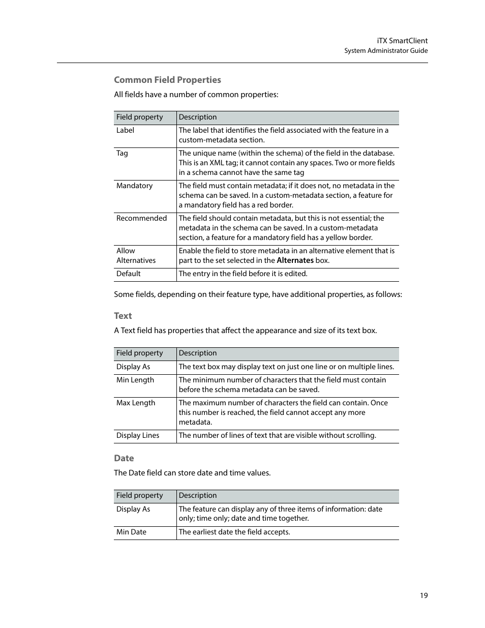 Common field properties, Text, Date | Common field properties text date | Grass Valley iTX SmartClient v.2.6 System Administrator Guide User Manual | Page 23 / 45