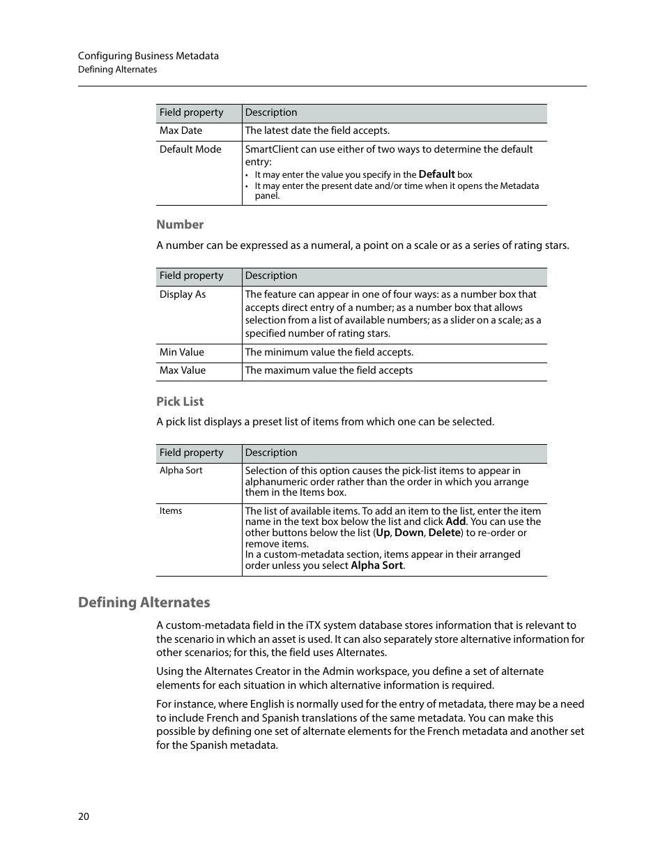 Number, Pick list, Defining alternates | Number pick list | Grass Valley iTX SmartClient v.2.6 System Administrator Guide User Manual | Page 24 / 45