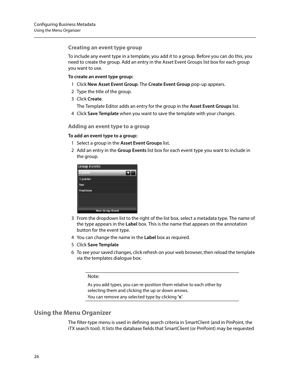 Creating an event type group, Adding an event type to a group, Using the menu organizer | Grass Valley iTX SmartClient v.2.6 System Administrator Guide User Manual | Page 30 / 45