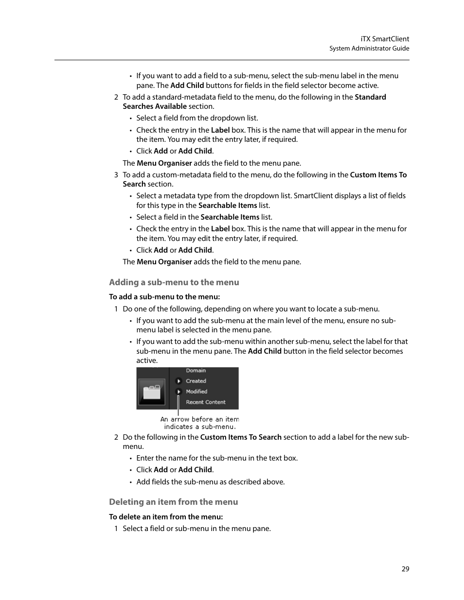 Adding a sub-menu to the menu, Deleting an item from the menu | Grass Valley iTX SmartClient v.2.6 System Administrator Guide User Manual | Page 33 / 45