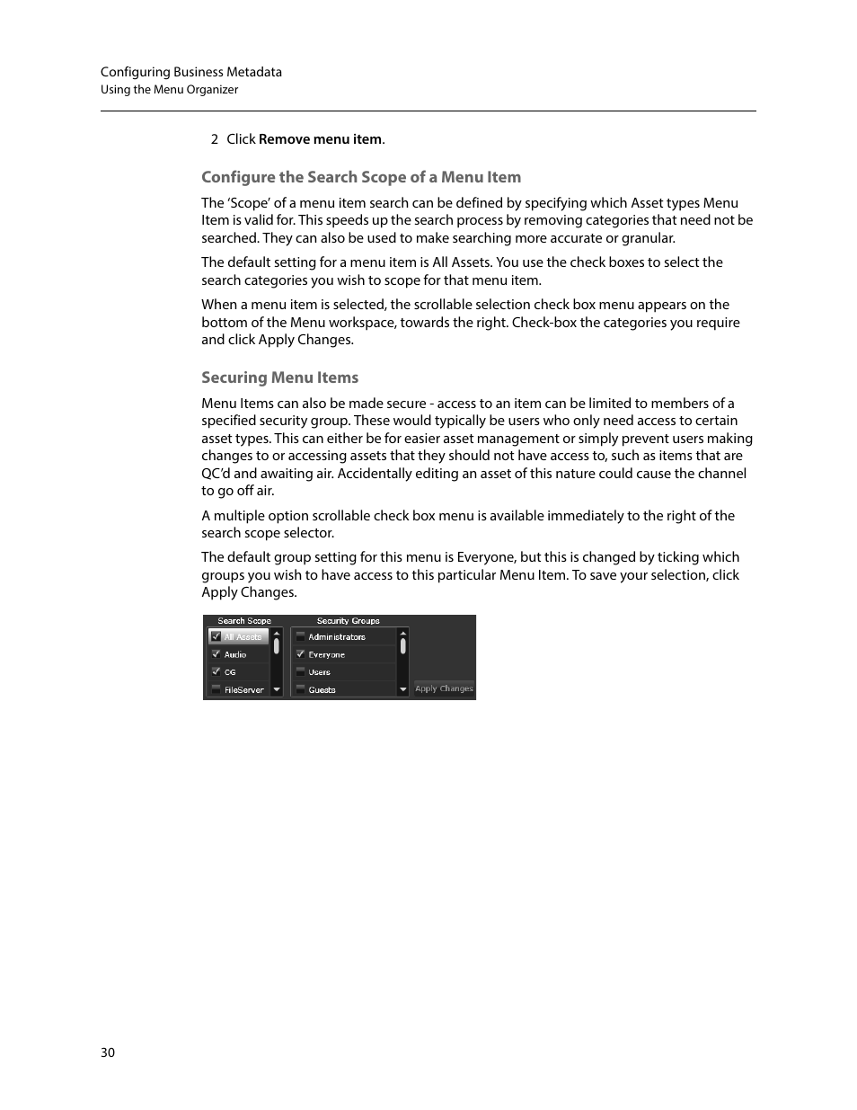 Configure the search scope of a menu item, Securing menu items | Grass Valley iTX SmartClient v.2.6 System Administrator Guide User Manual | Page 34 / 45