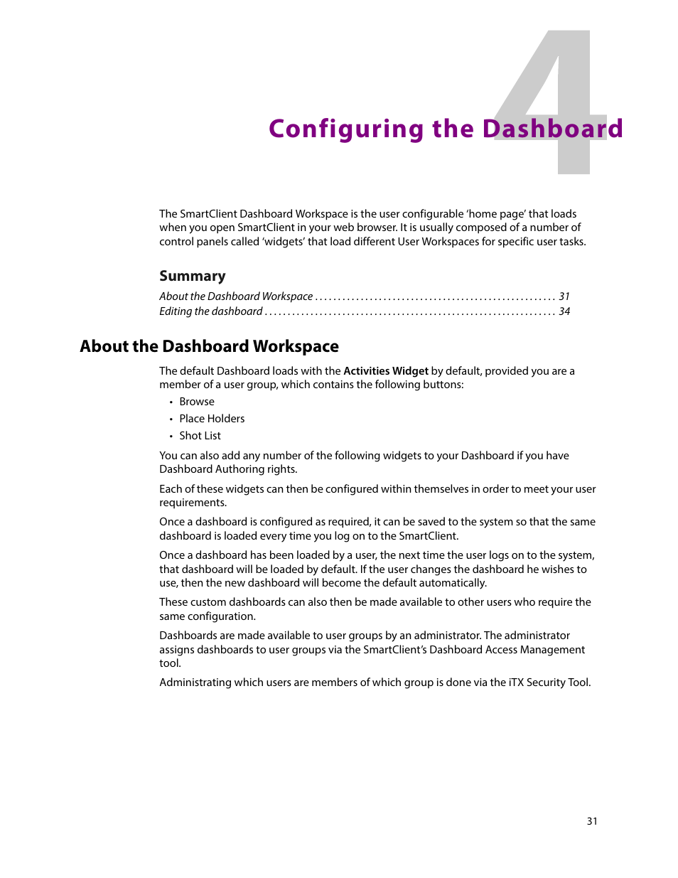 Configuring the dashboard, About the dashboard workspace, 4 configuring the dashboard | Grass Valley iTX SmartClient v.2.6 System Administrator Guide User Manual | Page 35 / 45