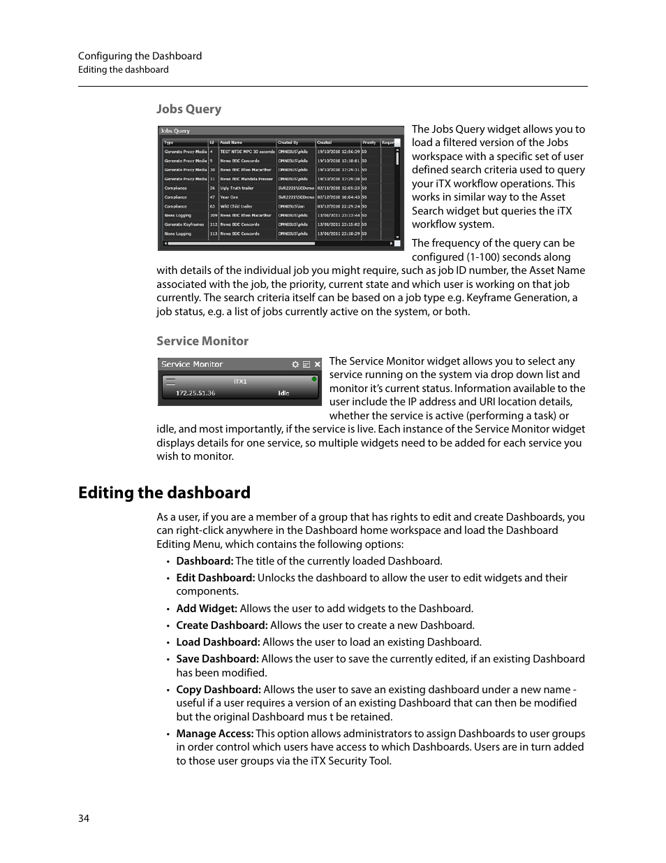 Jobs query, Service monitor, Editing the dashboard | Jobs query service monitor | Grass Valley iTX SmartClient v.2.6 System Administrator Guide User Manual | Page 38 / 45