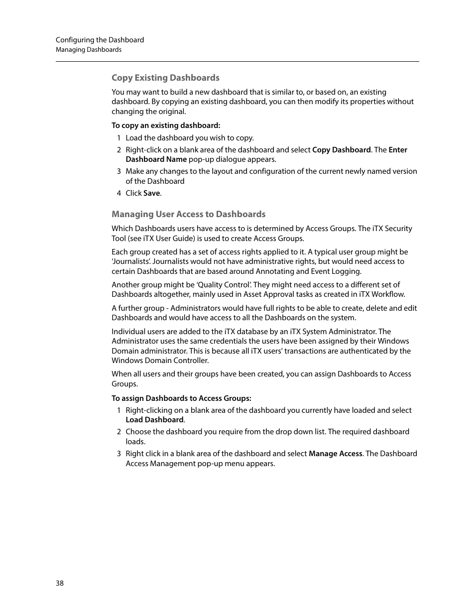 Copy existing dashboards, Managing user access to dashboards | Grass Valley iTX SmartClient v.2.6 System Administrator Guide User Manual | Page 42 / 45