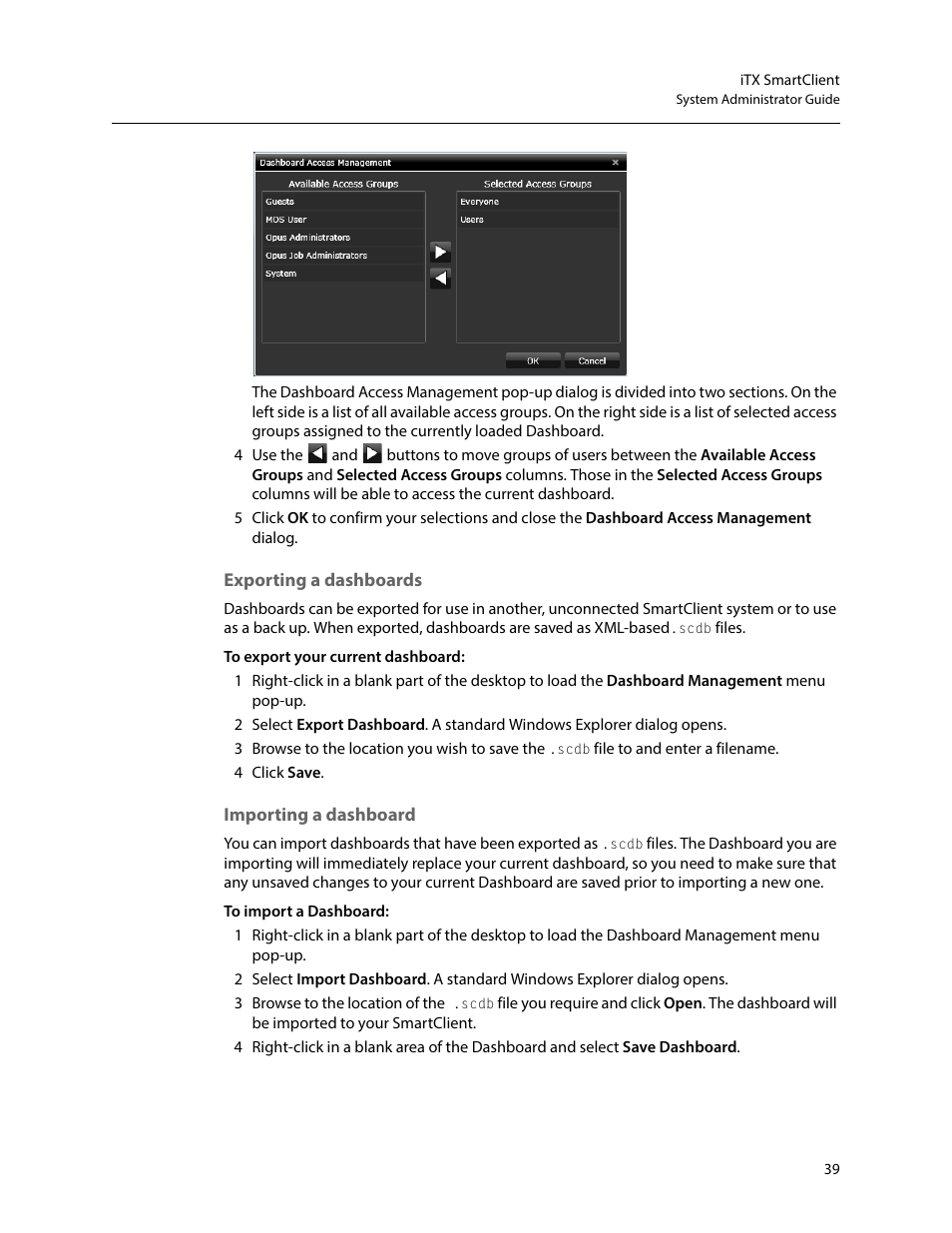 Exporting a dashboards, Importing a dashboard, Exporting a dashboards importing a dashboard | Grass Valley iTX SmartClient v.2.6 System Administrator Guide User Manual | Page 43 / 45