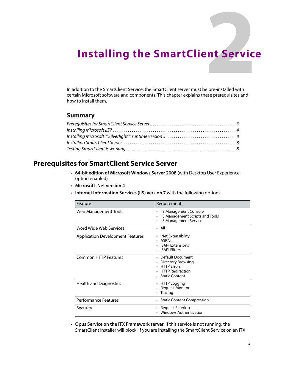 Installing the smartclient service, Prerequisites for smartclient service server, 2 installing the smartclient service | Summary | Grass Valley iTX SmartClient v.2.6 System Administrator Guide User Manual | Page 7 / 45