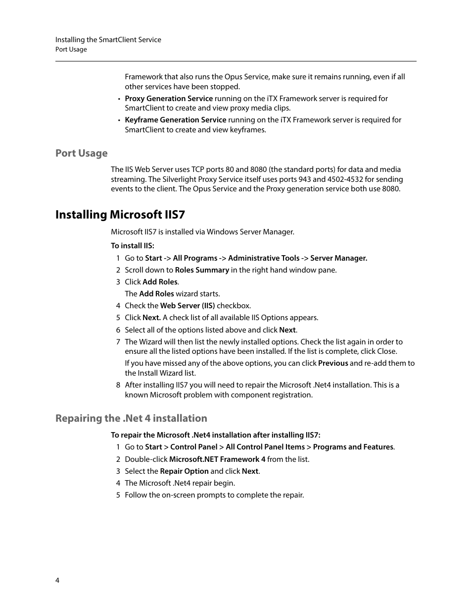 Port usage, Installing microsoft iis7, Repairing the .net 4 installation | Grass Valley iTX SmartClient v.2.6 System Administrator Guide User Manual | Page 8 / 45