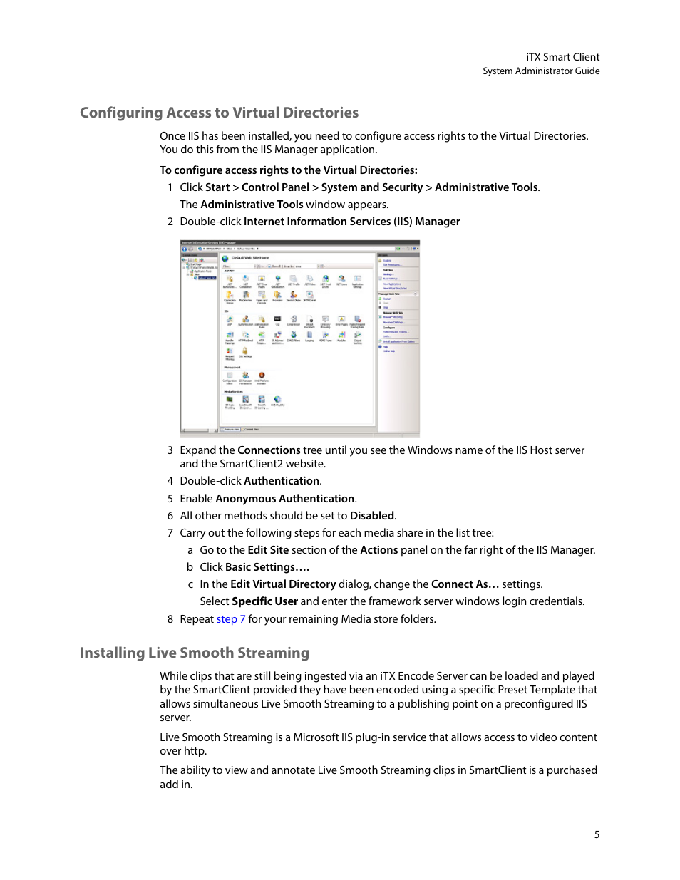 Configuring access to virtual directories, Installing live smooth streaming | Grass Valley iTX SmartClient v.2.6 System Administrator Guide User Manual | Page 9 / 45