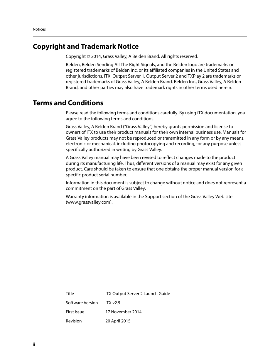Copyright and trademark notice, Terms and conditions | Grass Valley iTX Output Server 2 v.2.5 User Manual | Page 2 / 39