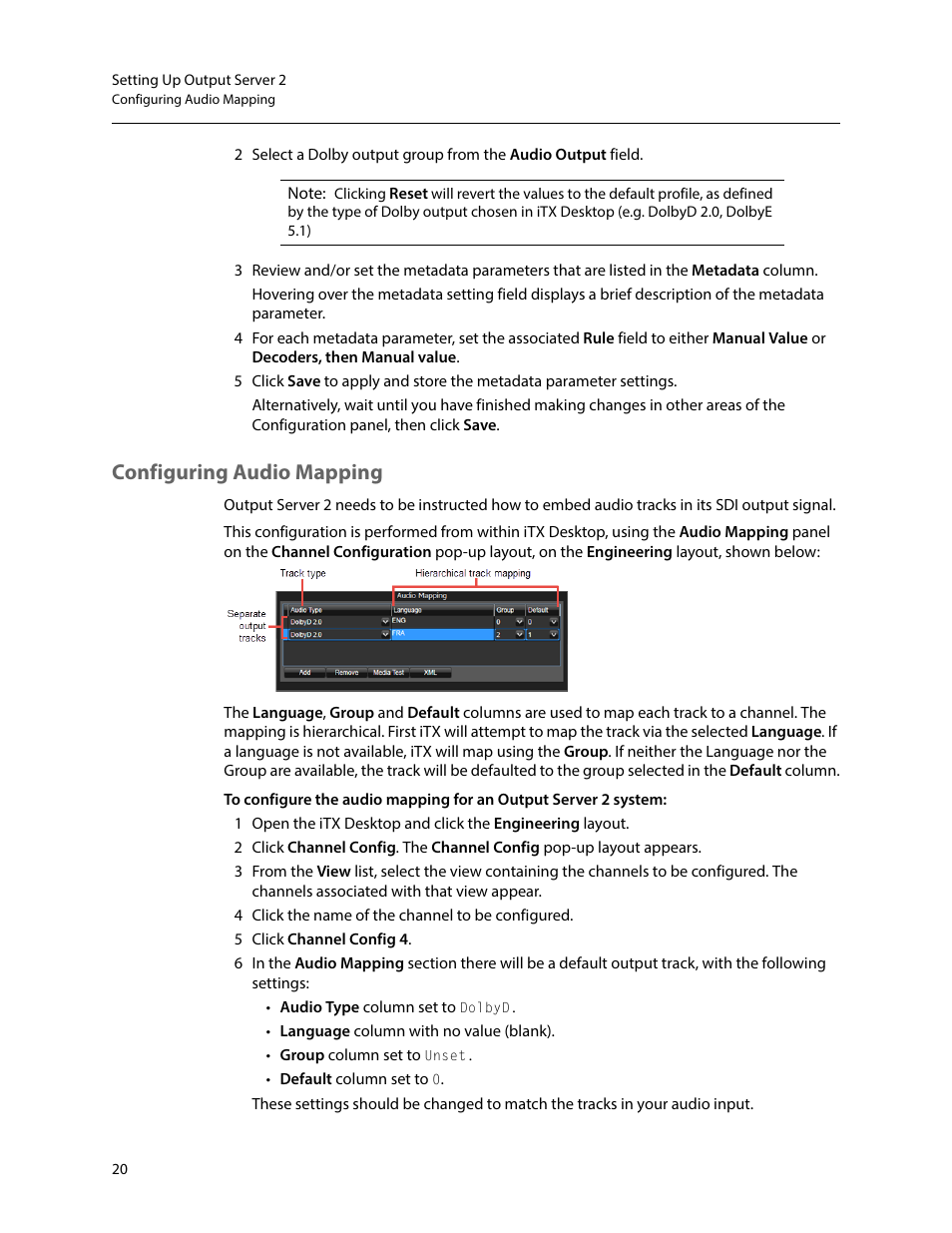 Configuring audio mapping | Grass Valley iTX Output Server 2 v.2.5 User Manual | Page 24 / 39