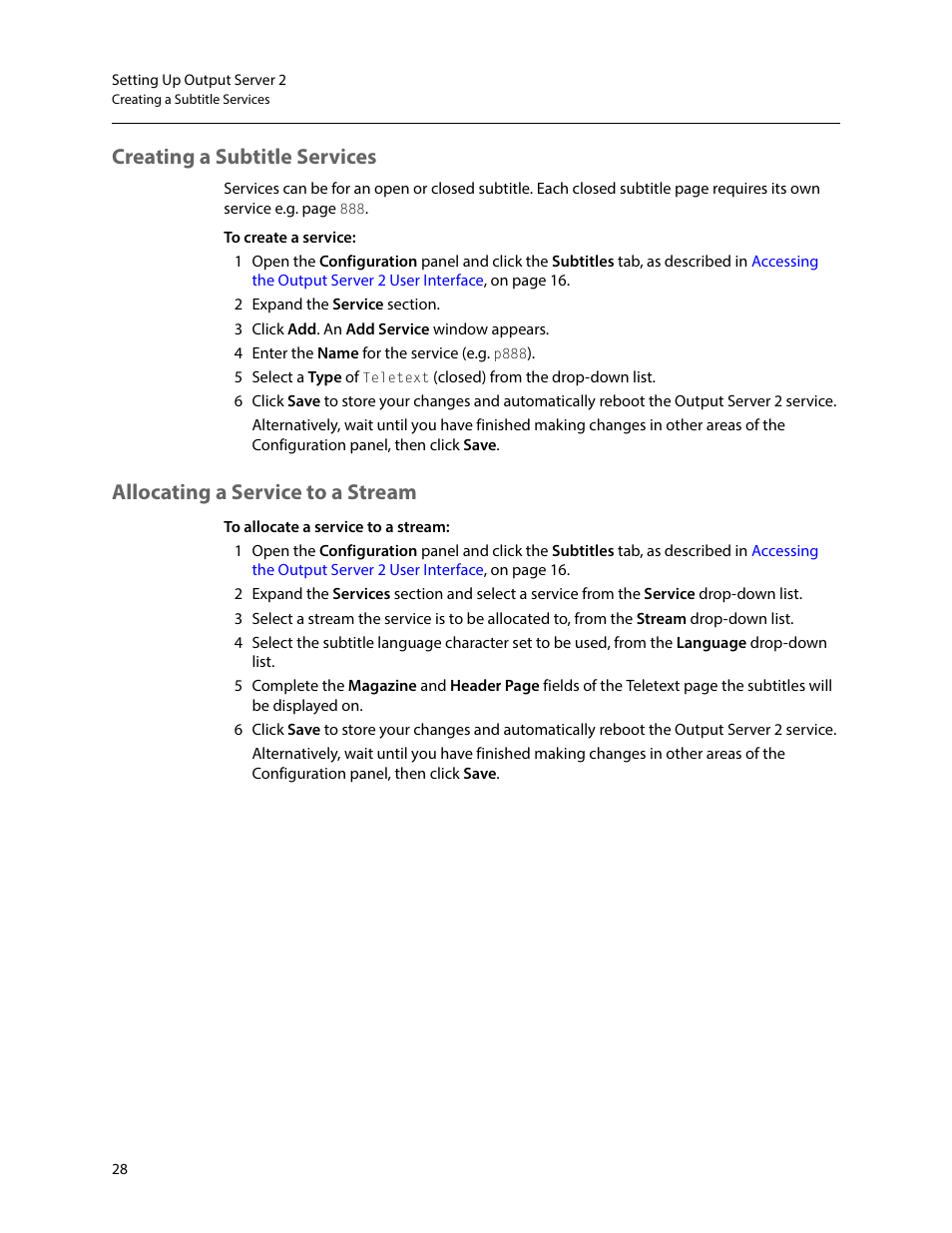 Creating a subtitle services, Allocating a service to a stream | Grass Valley iTX Output Server 2 v.2.5 User Manual | Page 32 / 39