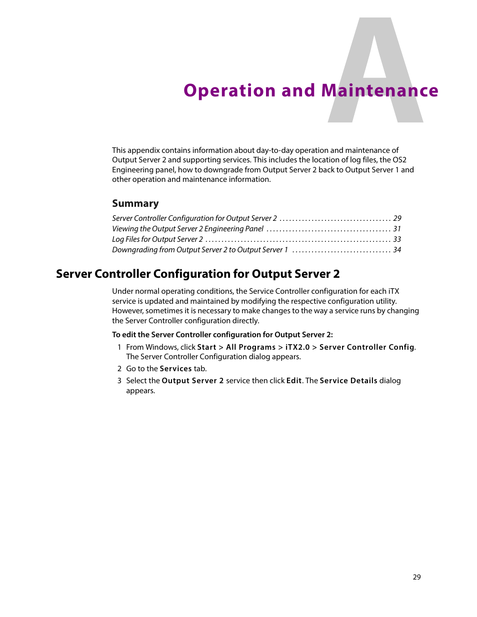 Operation and maintenance, Appendix a operation and maintenance | Grass Valley iTX Output Server 2 v.2.5 User Manual | Page 33 / 39