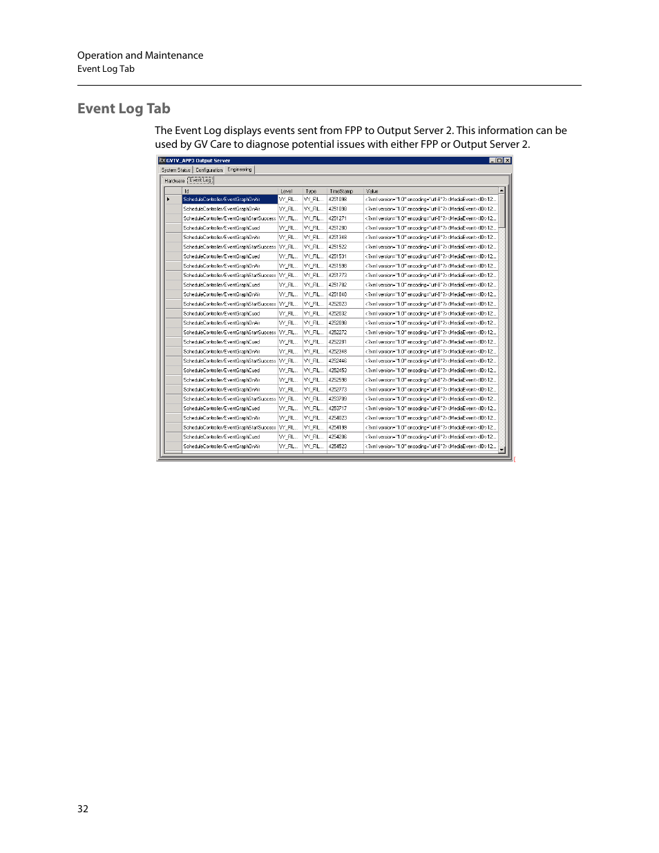 Event log tab | Grass Valley iTX Output Server 2 v.2.5 User Manual | Page 36 / 39