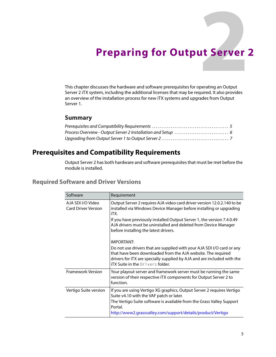 Preparing for output server 2, Prerequisites and compatibility requirements, Required software and driver versions | 2 preparing for output server 2, Summary | Grass Valley iTX Output Server 2 v.2.5 User Manual | Page 9 / 39